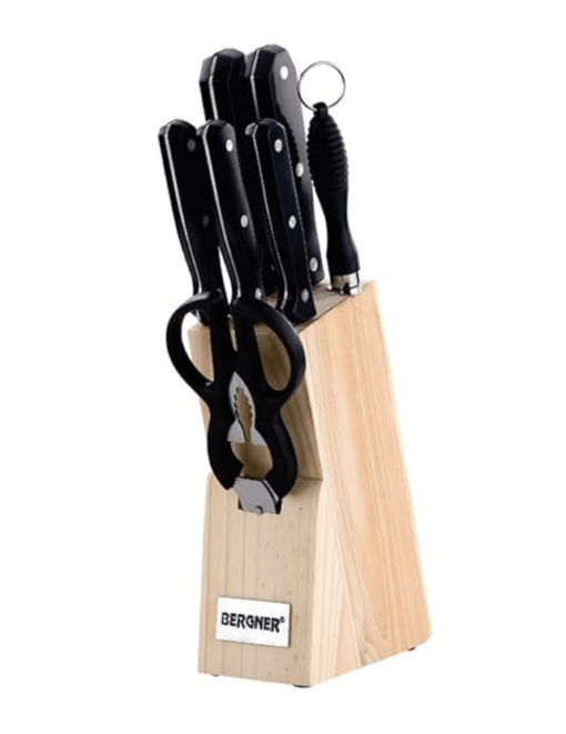 Bergner Shark Stainless Steel 8 Pcs Knife Set - Chef Knife, Bread Knife, Boning Knife, Utility Knife, Paring Knife, Sharpener, Scissor and Wooden Block, Durable and Sharp Blade, Soft Touch Handle